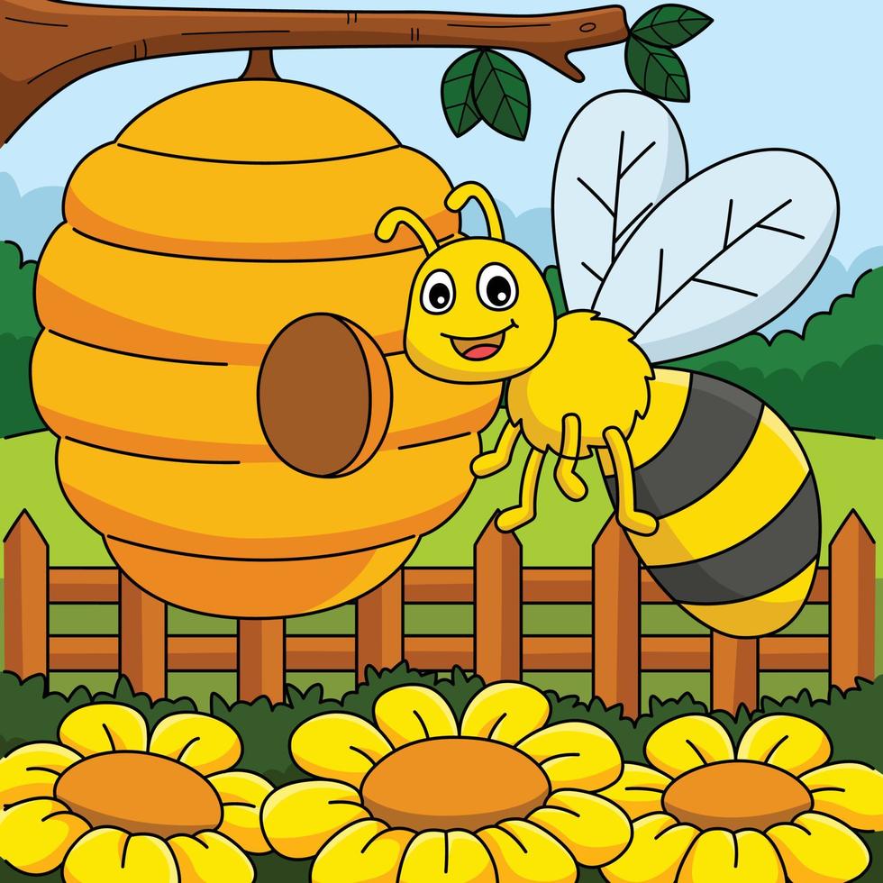 voorjaar bij met een bijenkorf gekleurde tekenfilm vector