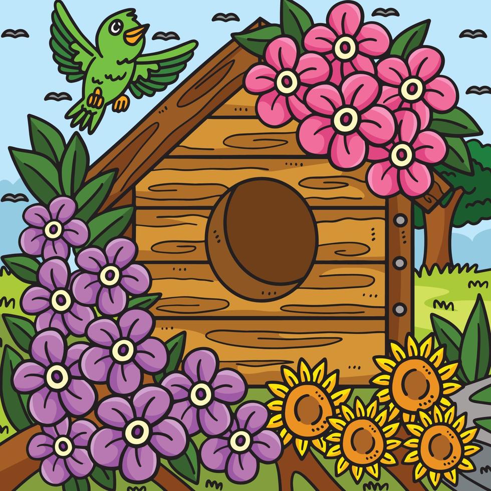 voorjaar vogel huis met bloemen gekleurde vector