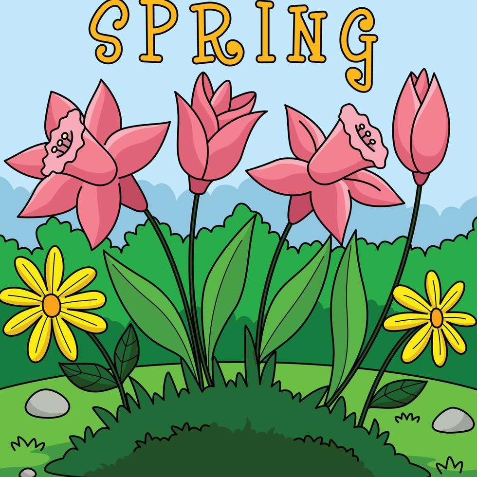 voorjaar tulp bloemen gekleurde tekenfilm illustratie vector