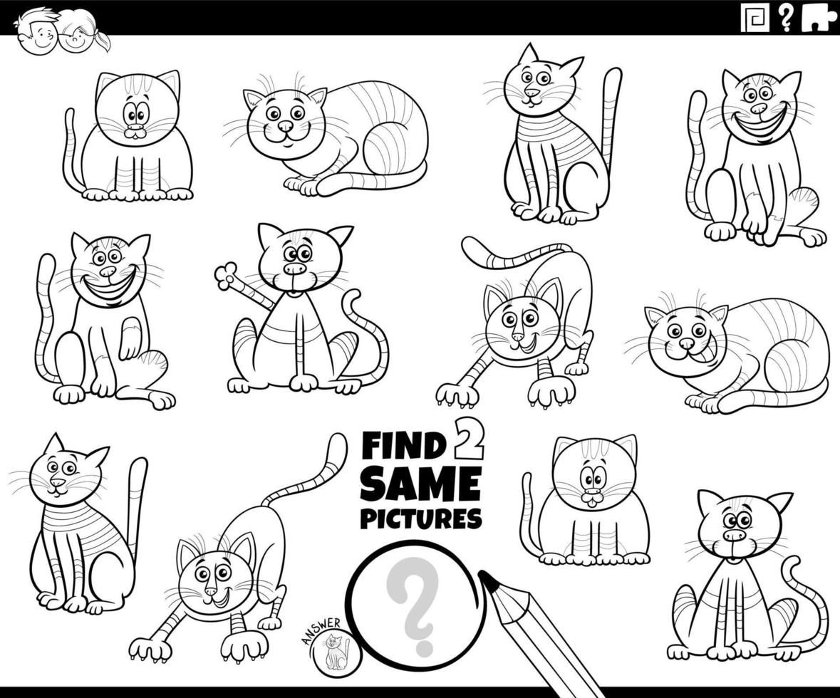vind twee dezelfde tekenfilm katten taak kleur bladzijde vector