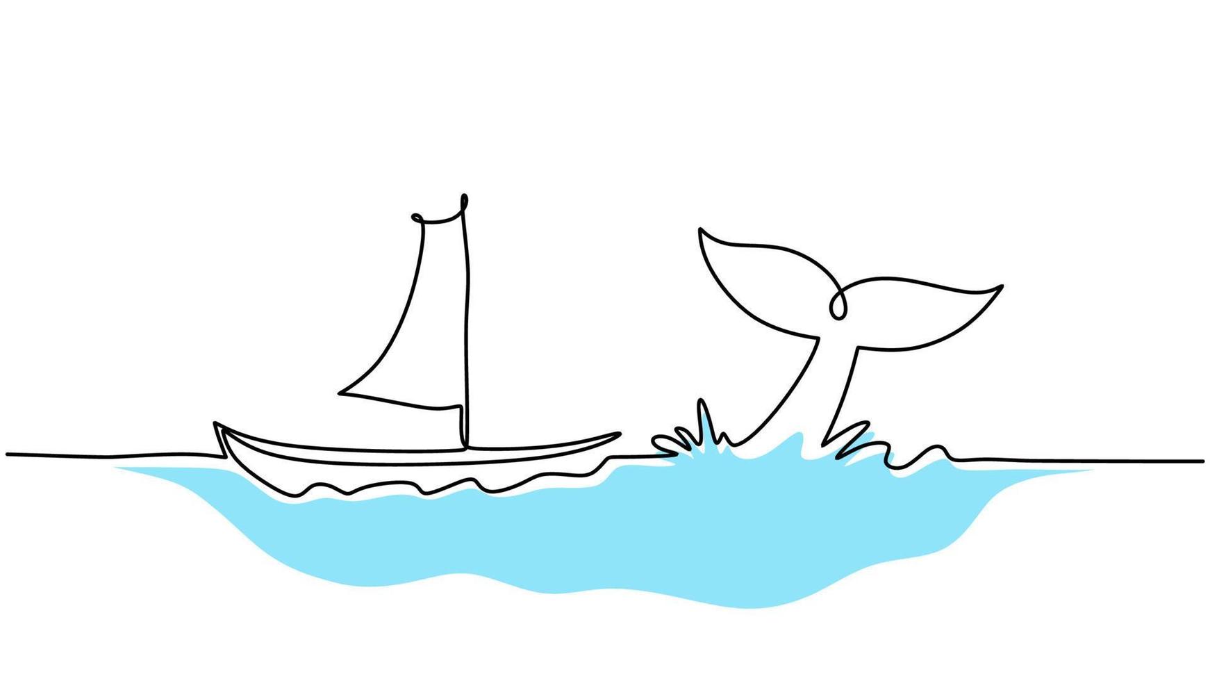 een lijn tekening van schip en walvis staart geïsoleerd Aan wit achtergrond vector