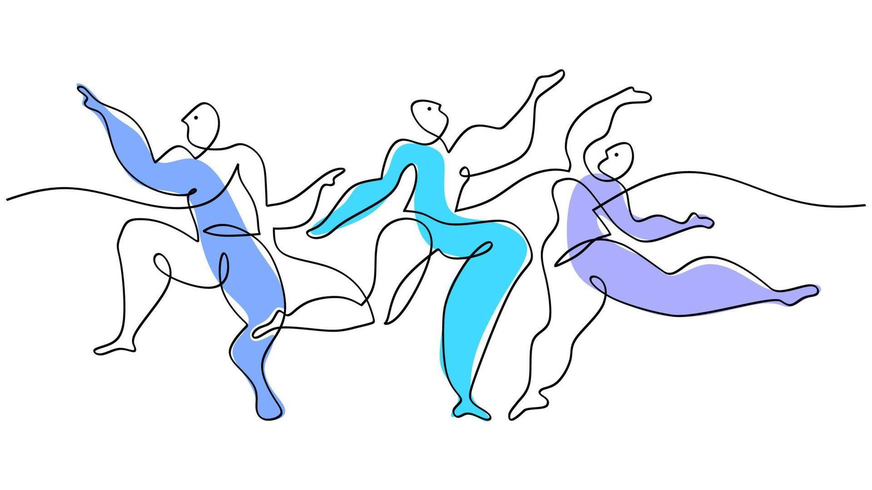 een doorlopend single lijn tekening van drie Mens dansen mensen Picasso vector