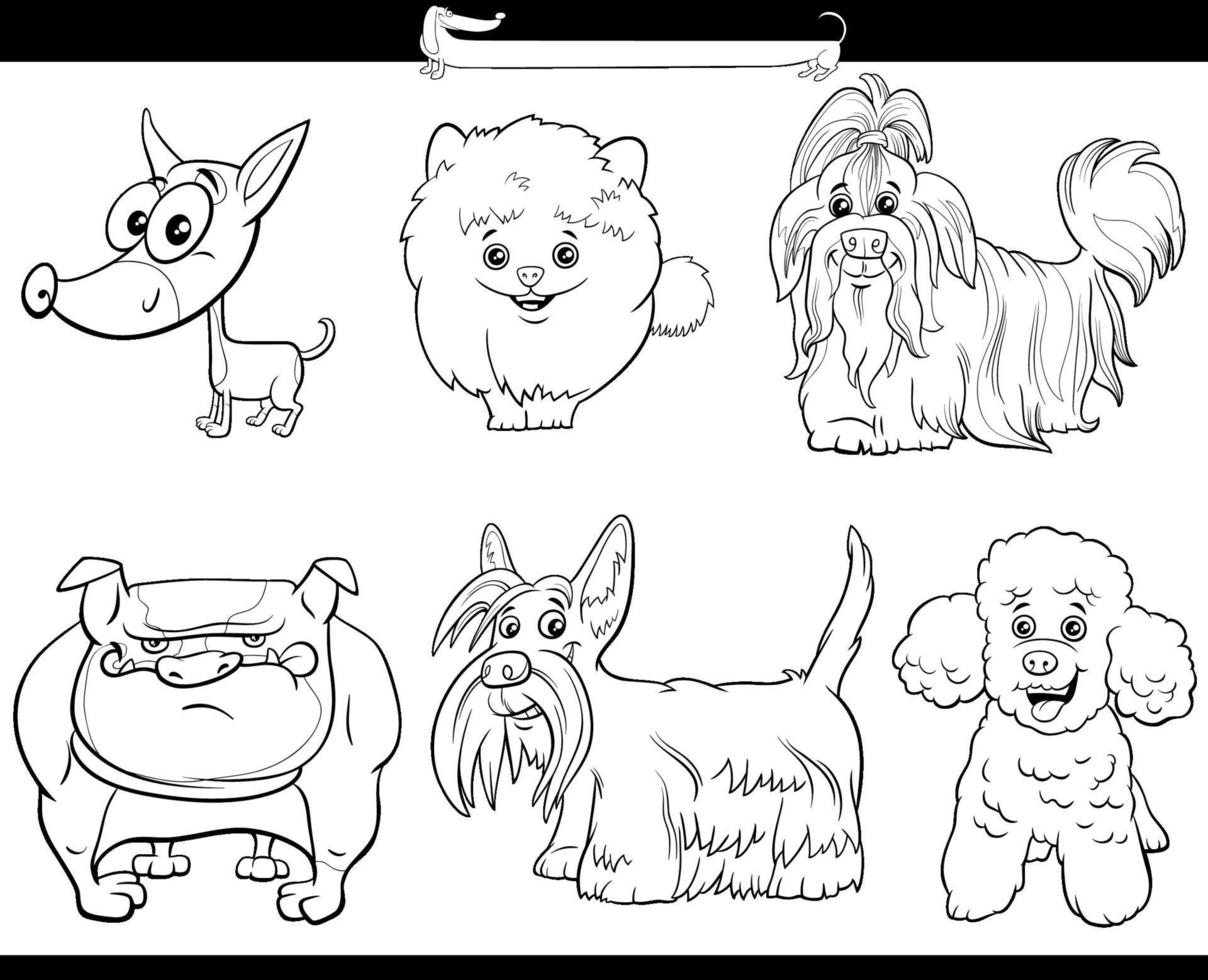 zwart-wit rasechte cartoon honden stripfiguren instellen vector