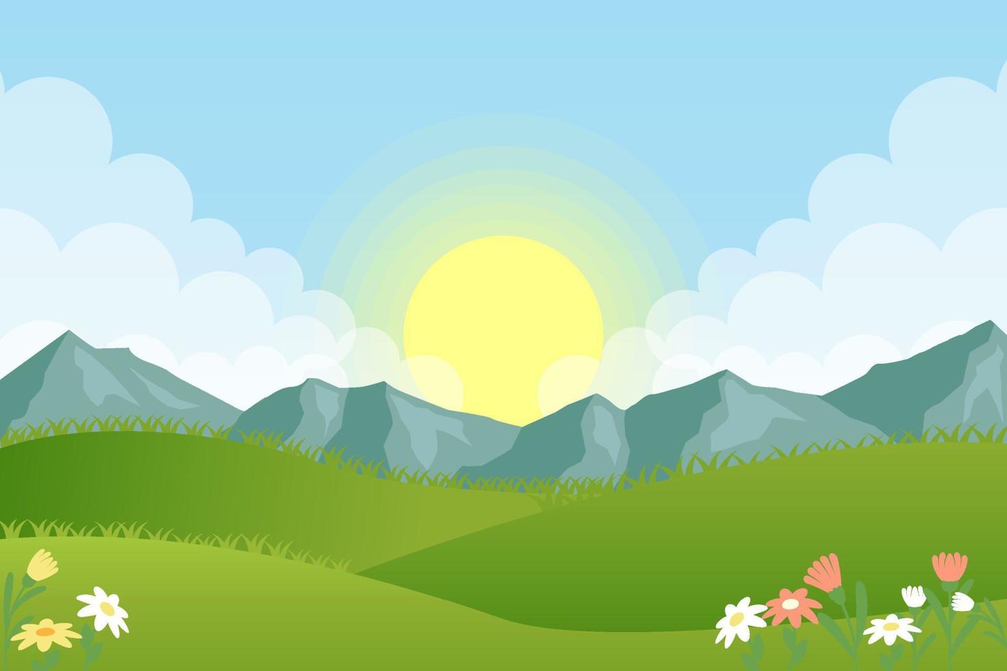 helling voorjaar landschap met bloemen en berg achtergrond vector