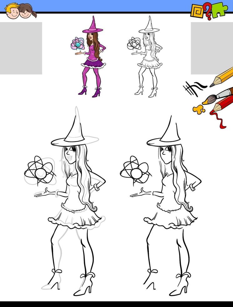 teken- en kleurentaak met het karakter van het heksenmeisje vector
