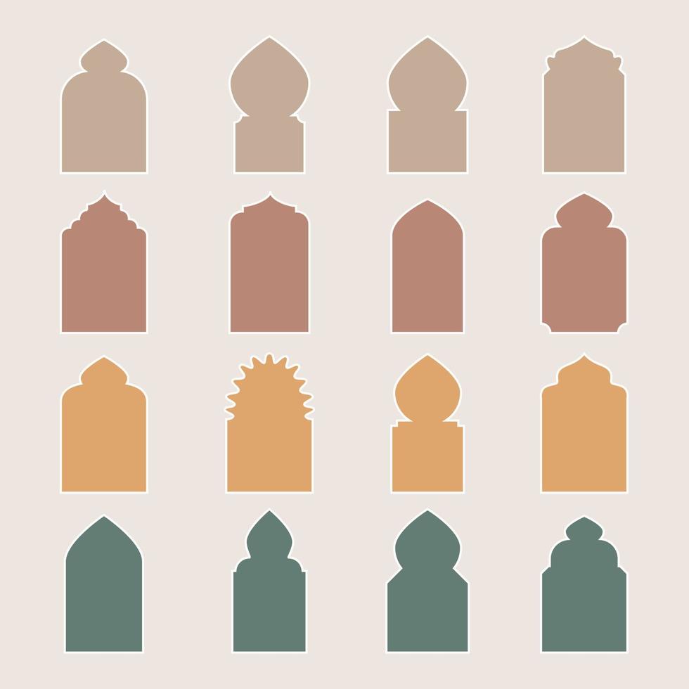 een verzameling van Islamitisch ramen en bogen in de oosters Ramadan stijl met een modern ontwerp. oosters palet. Islam, Indië, oostelijk landen. een groot reeks van ramen en deuropeningen van verschillend kleur vector