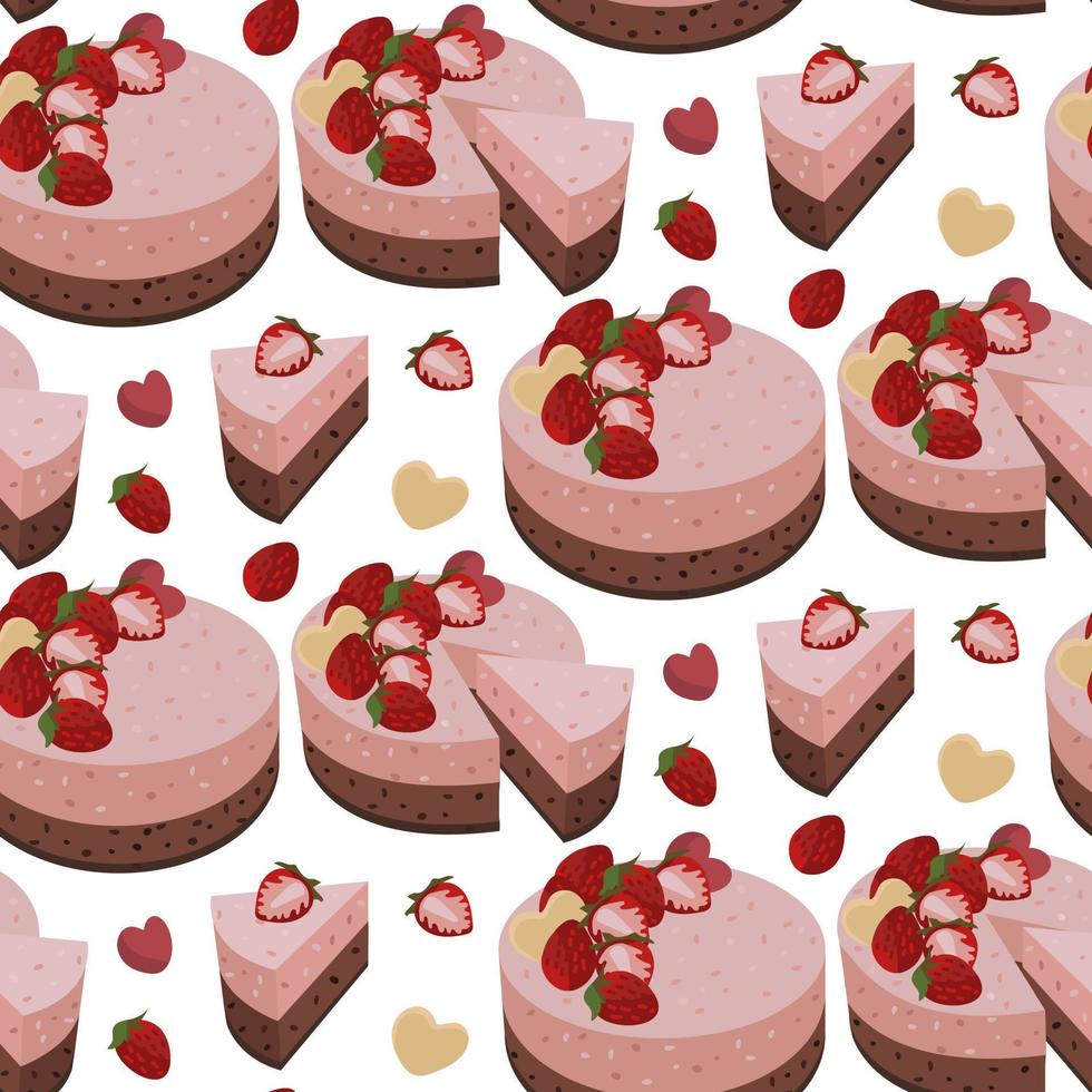 patroon in de aardbei-chocolade taart thema een stuk van taart, aardbei-chocolade toetjes, aardbei decoratie, een groep van aardbeien. achtergrond voor het drukken Aan textiel en papier. herhaald vector