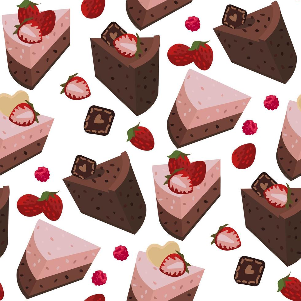 een reeks van stukken van chocola en aardbei taart. toetje met decoratief elementen van aardbeien. achtergrond voor het drukken Aan textiel en papier. naadloos geschenk omhulsel voor de verjaardag partij vector