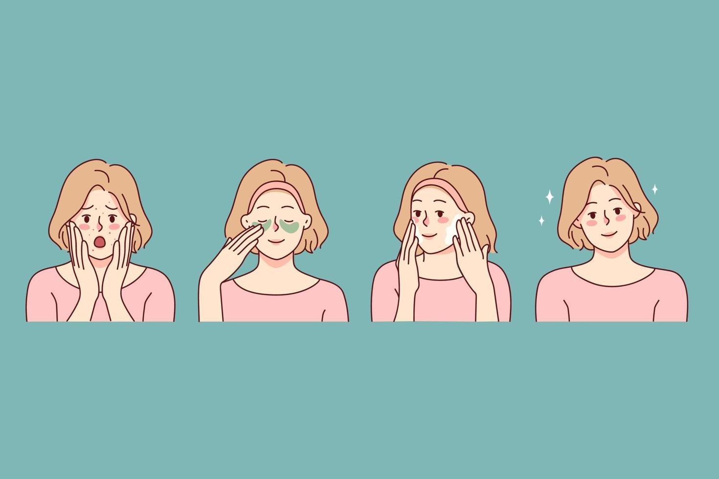 vrouw met acne proberen nieuw schoonheid Product zien uitstekend huid resultaten. meisje voordat en na huidsverzorging behandeling. schoonheidsspecialiste en dermatologie. vector illustratie.