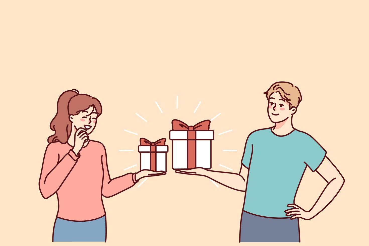 gelukkig paar uitwisseling presenteert voor Valentijn dag. glimlachen Mens en vrouw maken verrassing geven cadeaus Aan speciaal gelegenheid. vector illustratie.