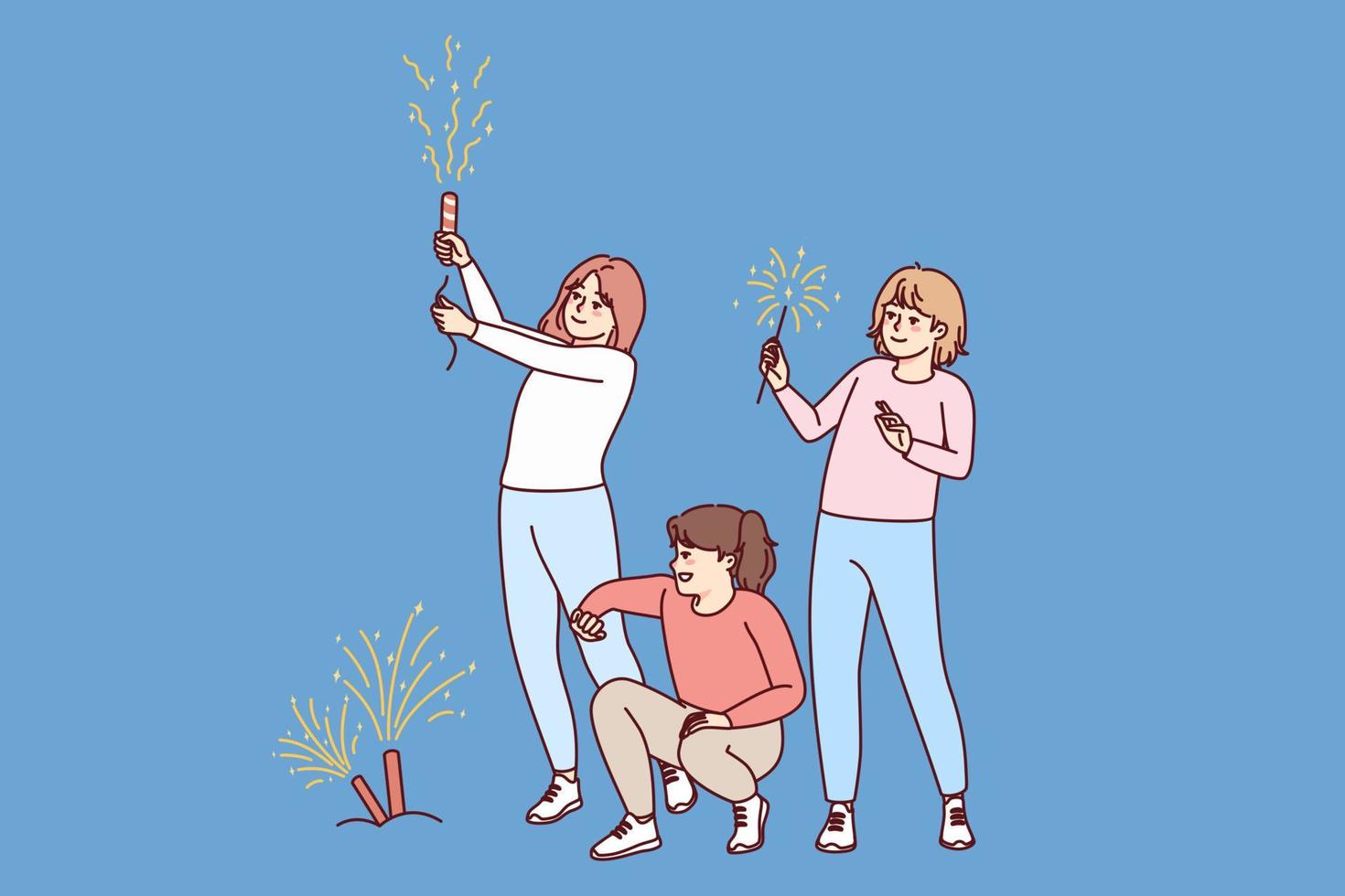 gelukkig kinderen hebben pret het werpen vuurwerk buitenshuis. glimlachen meisjes kinderen vieren met feestelijk verlichtingen. vector illustratie.