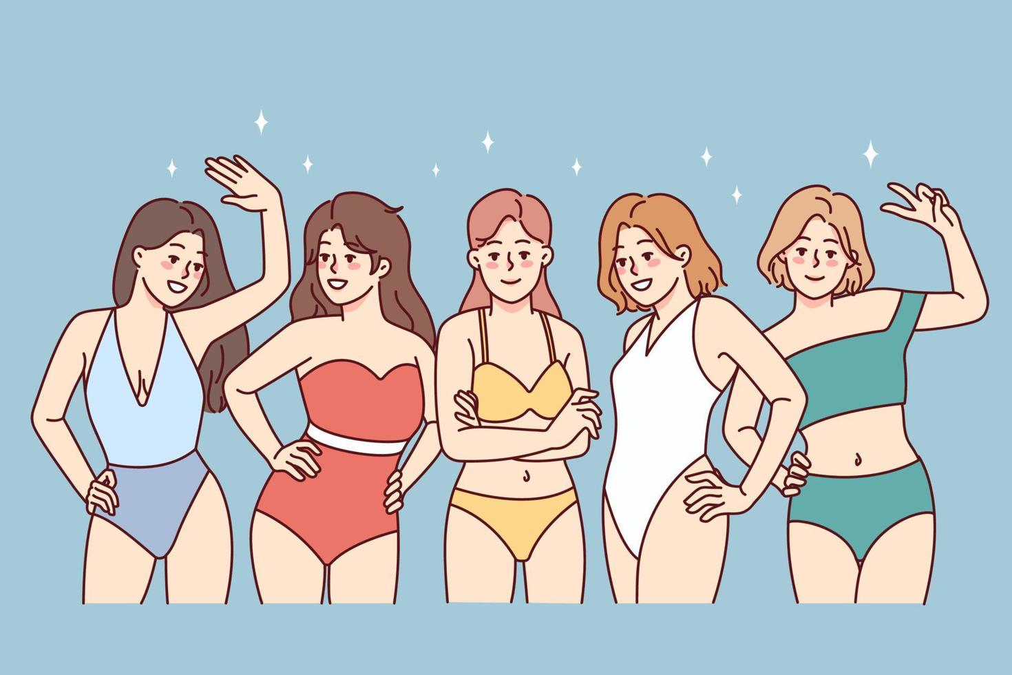 portret van glimlachen meisjes in zwemkleding poseren samen. gelukkig verschillend jong Dames in bikini genieten zomer vakantie. verscheidenheid en lichaam positiviteit. vector illustratie.