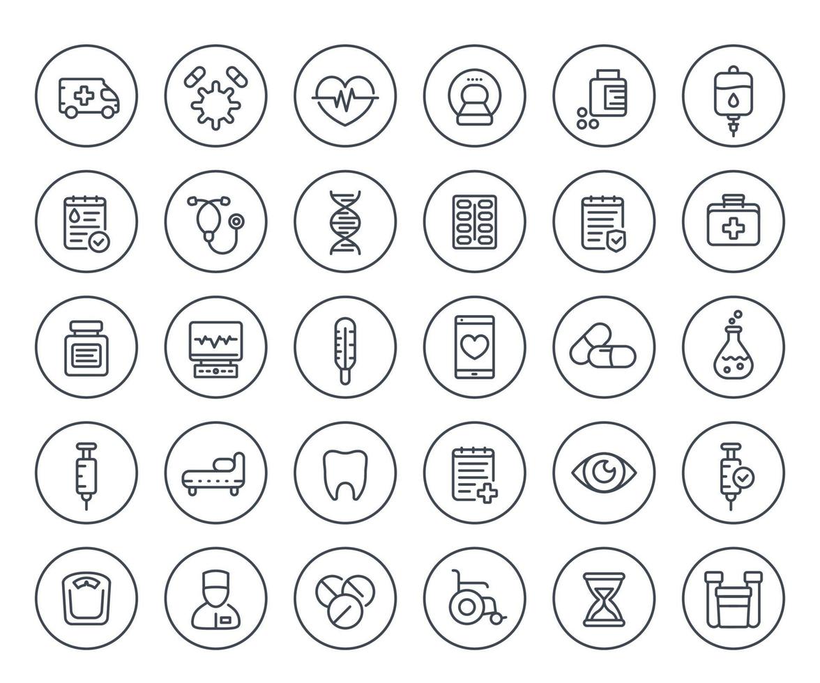 medische en gezondheidszorgpictogrammen, verzekering, pillen, ambulance, mri-scan, ecg, iv-zak, bloedtest, lijn set.eps vector