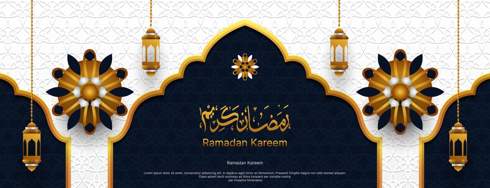 Ramadan kareem banier ontwerp met Arabisch schoonschrift in donker blauw, wit en goud kleur. Islamitisch achtergrond vector