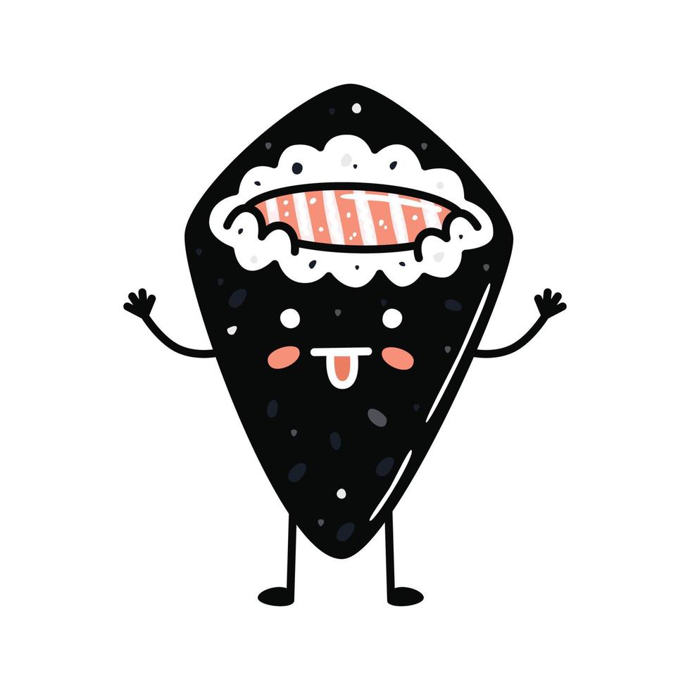 kawaii sushi mascotte in tekenfilm stijl. schattig temaki met Zalm voor menu vector