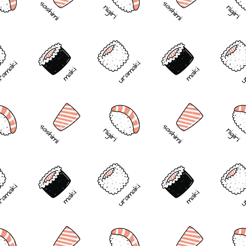 kawaii sushi illustratie. vector vlak hand- getrokken naadloos patroon
