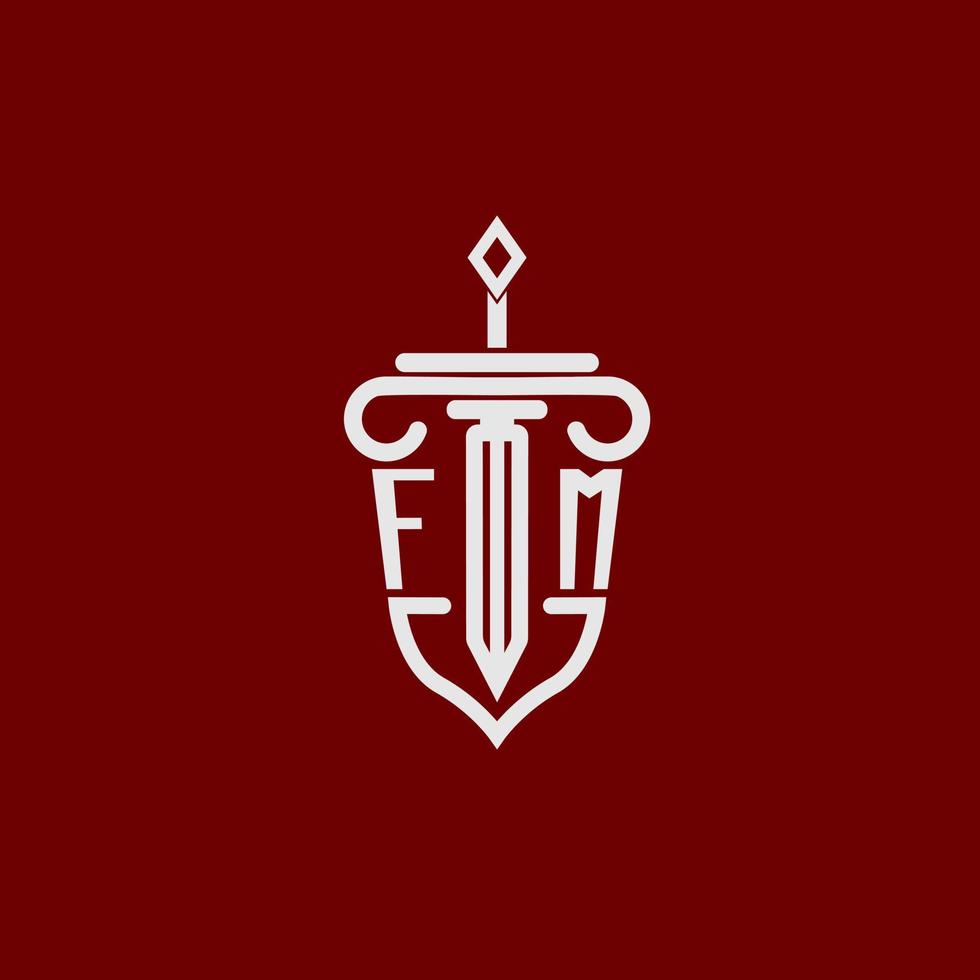fm eerste logo monogram ontwerp voor wettelijk advocaat vector beeld met zwaard en schild