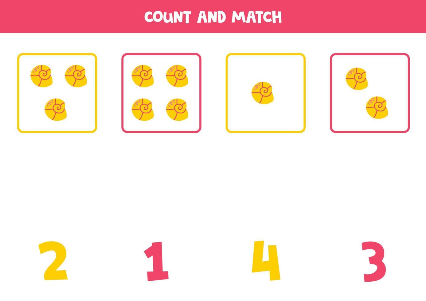 tellen spel voor kinderen. tellen allemaal schattig geel schelpen en bij elkaar passen met nummers. werkblad voor kinderen. vector