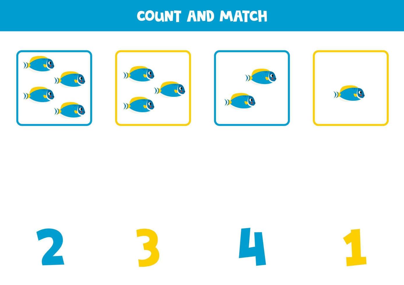tellen spel voor kinderen. tellen allemaal tekenfilm poeder blauw geurtje vis en bij elkaar passen met nummers. werkblad voor kinderen. vector