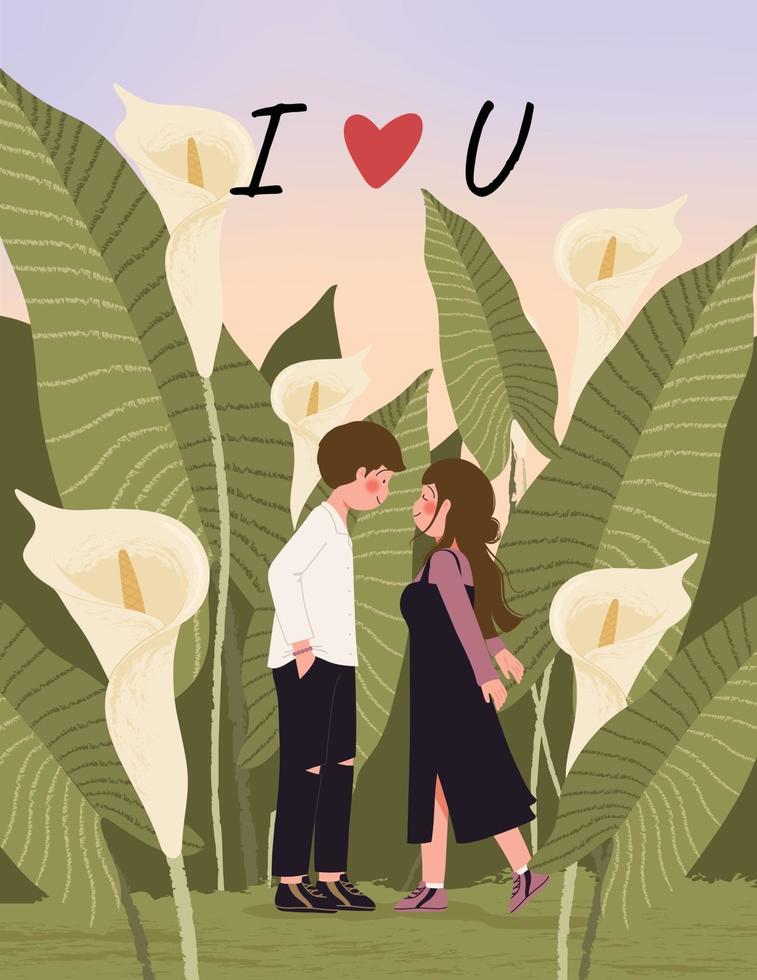 gelukkige Valentijnsdag kaart met schattig paar op calla lelie veld vectorillustratie vector