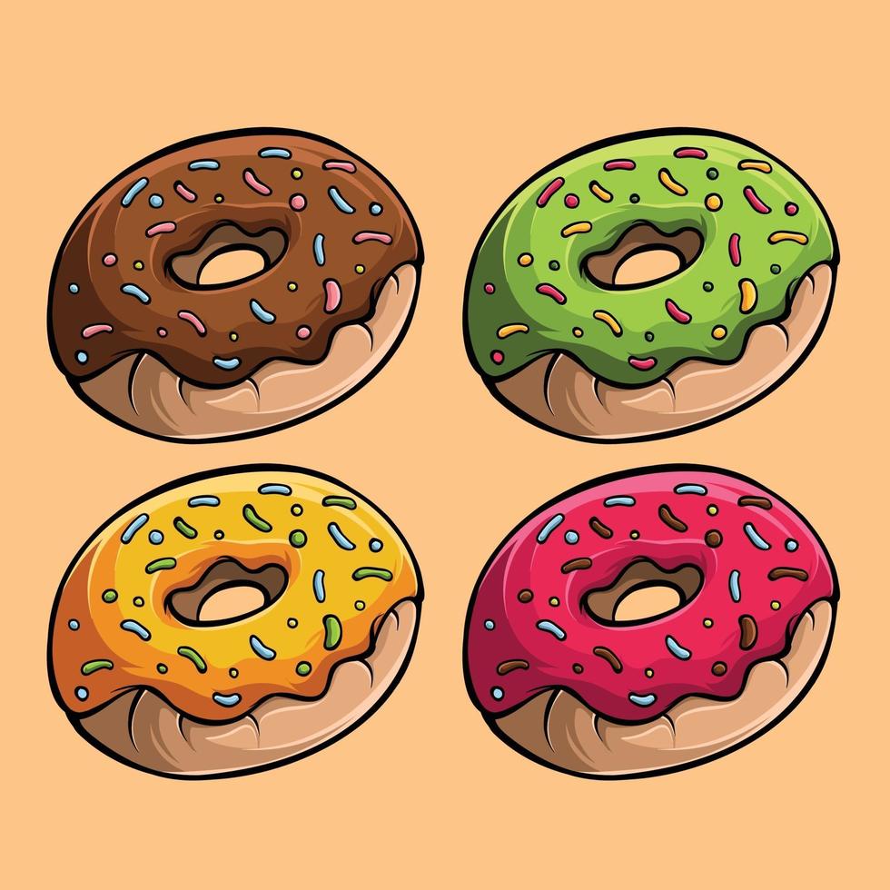 vier lekkere donuts met verschillende smaken vector afbeelding