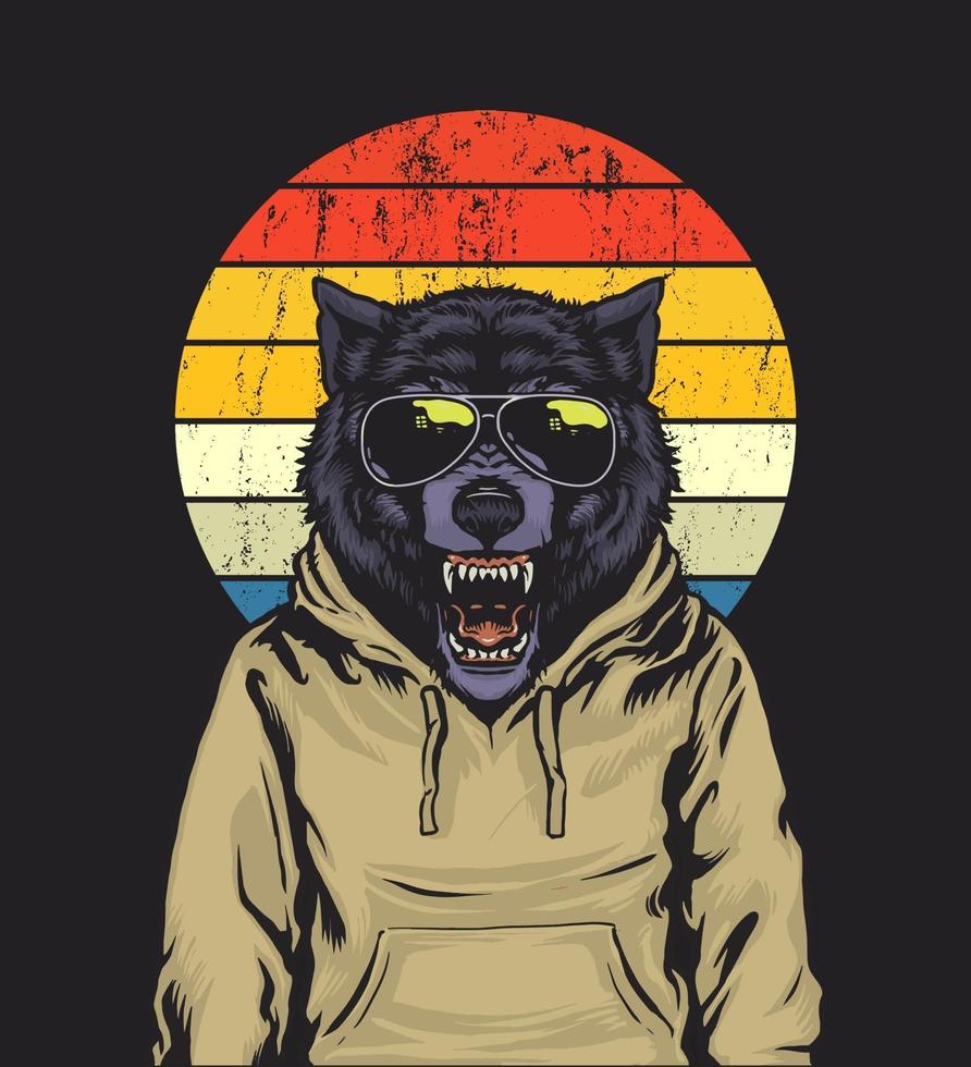 retro zonsondergang wolf illustratie vector