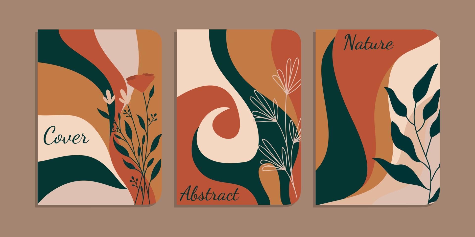 reeks van boek Hoes ontwerpen met hand- getrokken bloemen decoraties. abstract retro botanisch achtergrondgrootte a4 voor notitieboekjes, planners, brochures, boeken, catalogi vector
