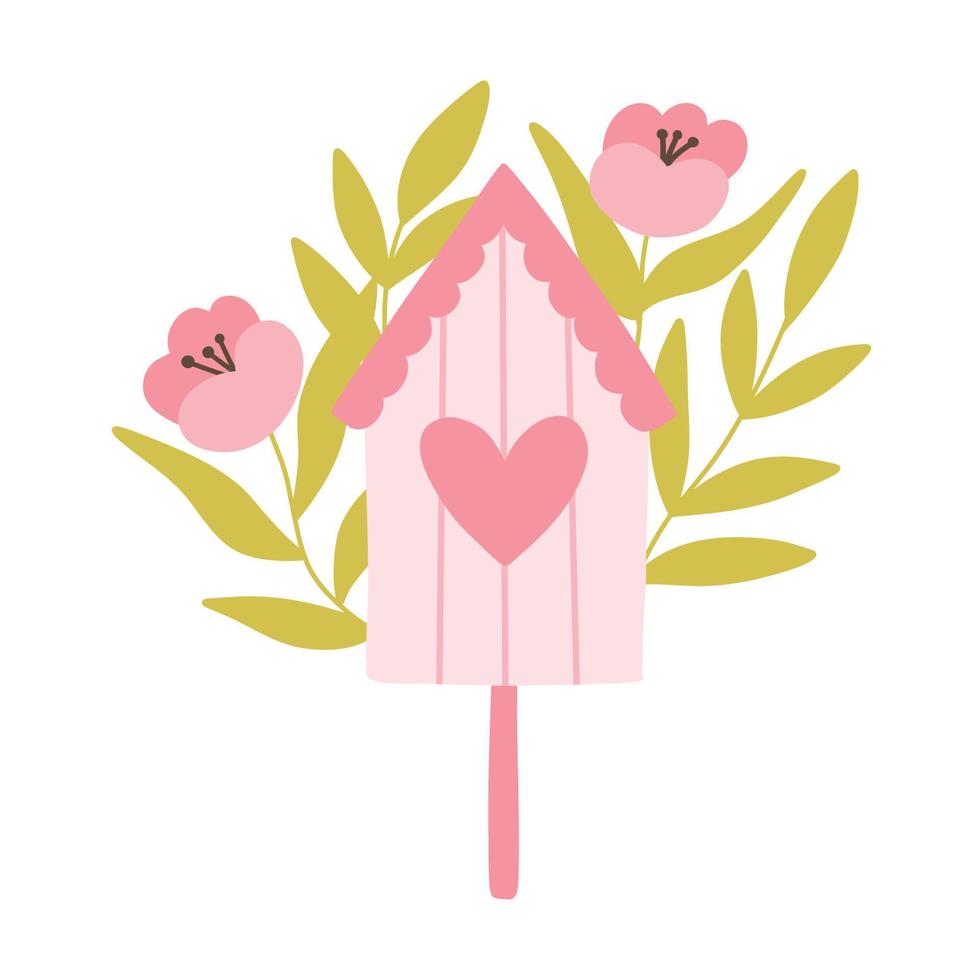 vogelhuisje met bloemen. schattig vogelhuisje met bloeiend bloemen. vector illustratie. vlak hand- getrokken stijl. de begin van de lente.