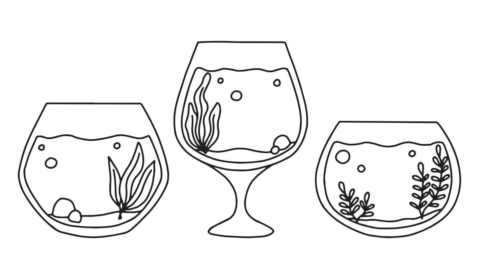 aquarium set. verzameling van aquaria met algen in tekening stijl. vector illustratie. leeg geïsoleerd aquarium in lijn stijl.