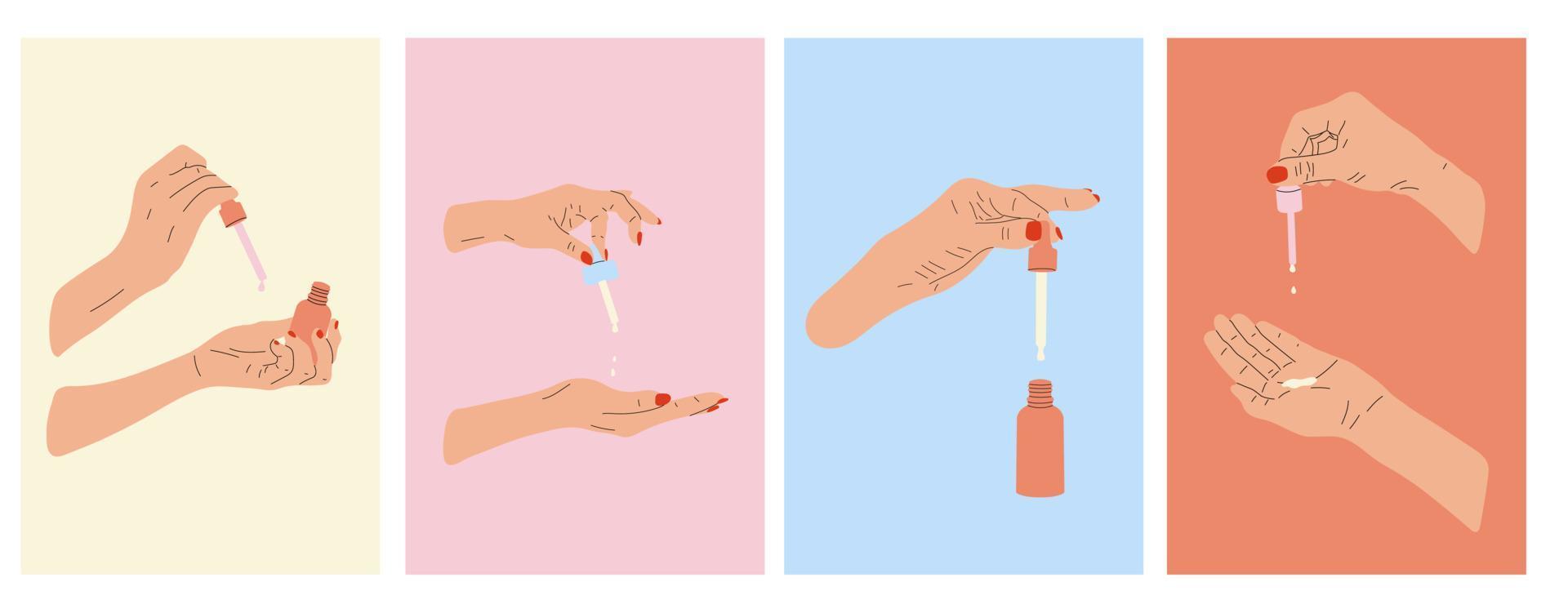 reeks van vrouw handen houdt pipet voor huidsverzorging met olie serum fles, room. hand- trek vector illustratie