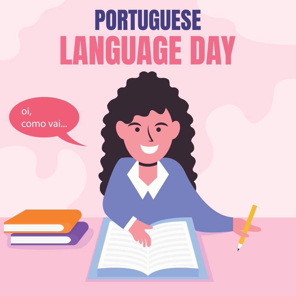 illustratie vector grafisch van een vrouw is opening een woordenboek Bij de tafel, tonen stapels van boeken, perfect voor Internationale dag, wereld Portugees taal dag, vieren, groet kaart, enz.