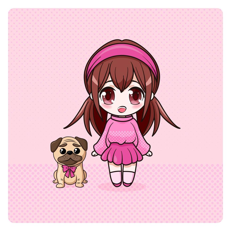 schattig en kawaii meisje met mopshond. gelukkig manga meisje met hond. vector illustratie. kunst voor afdrukken, dekt, posters en ieder gebruiken.