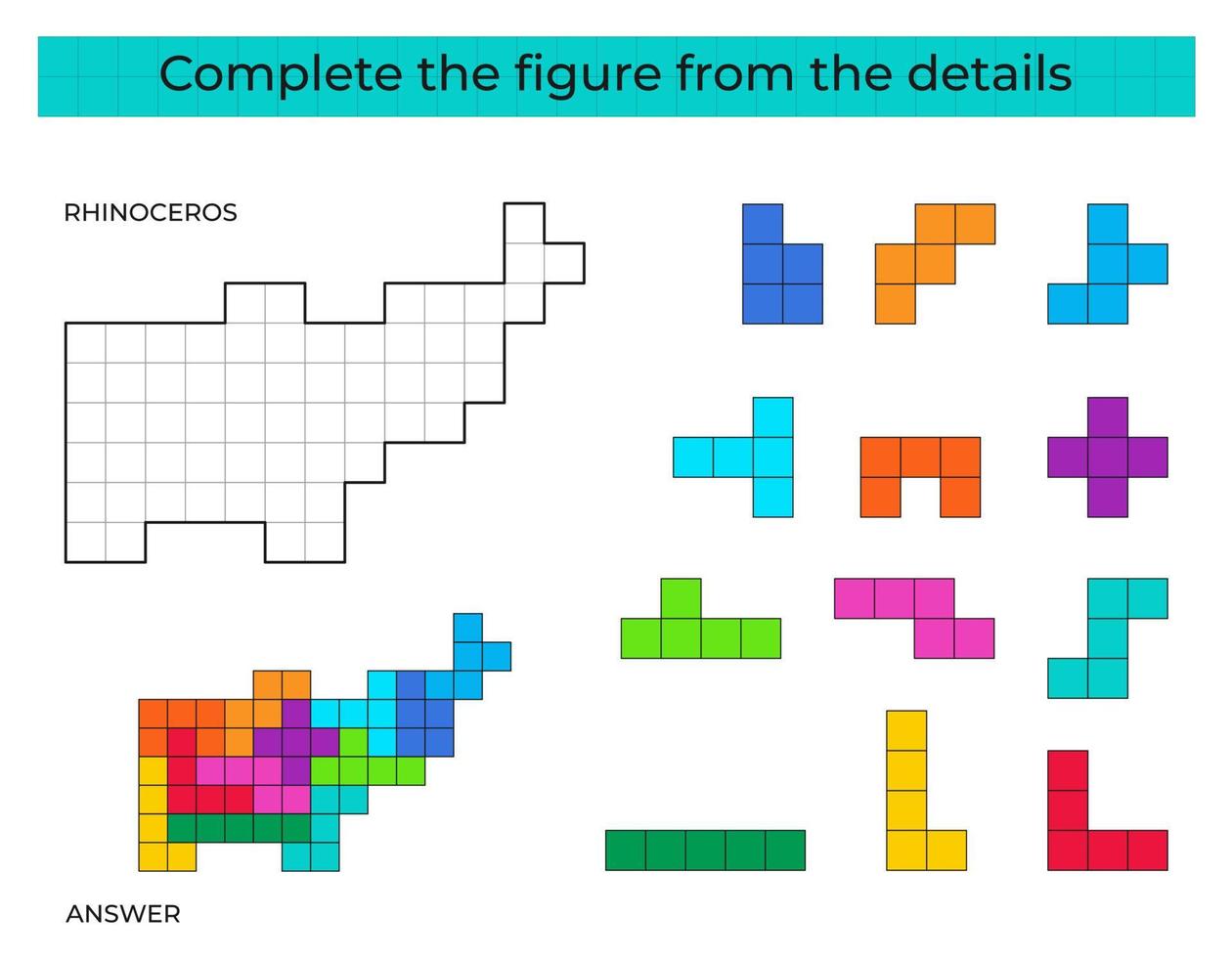 puzzel spel met neushoorn. kleurrijk details voor kinderen. compleet figuur. onderwijs spel voor kinderen, peuter- werkblad werkzaamheid. puzzel spel. vector illustratie.