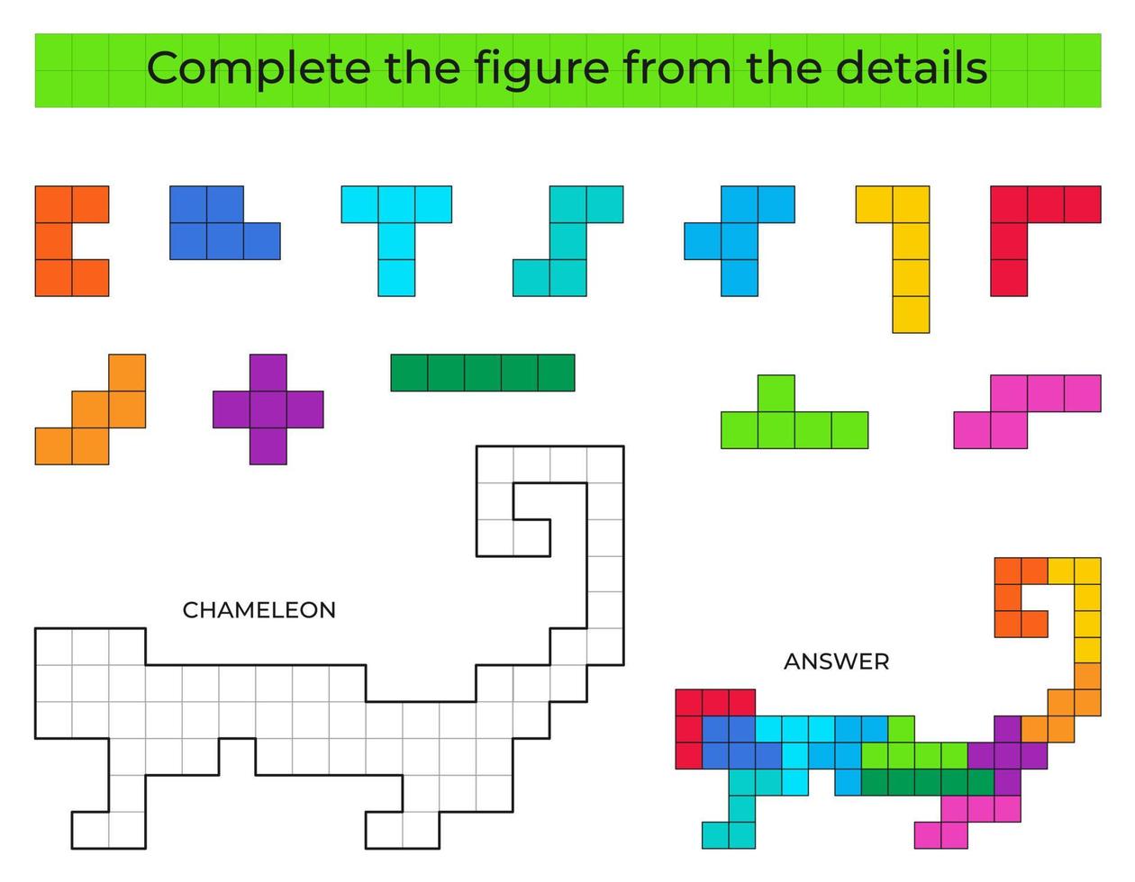 puzzel spel met kameleon. kleurrijk details voor kinderen. compleet figuur. onderwijs spel voor kinderen, peuter- werkblad werkzaamheid. puzzel spel. vector illustratie.