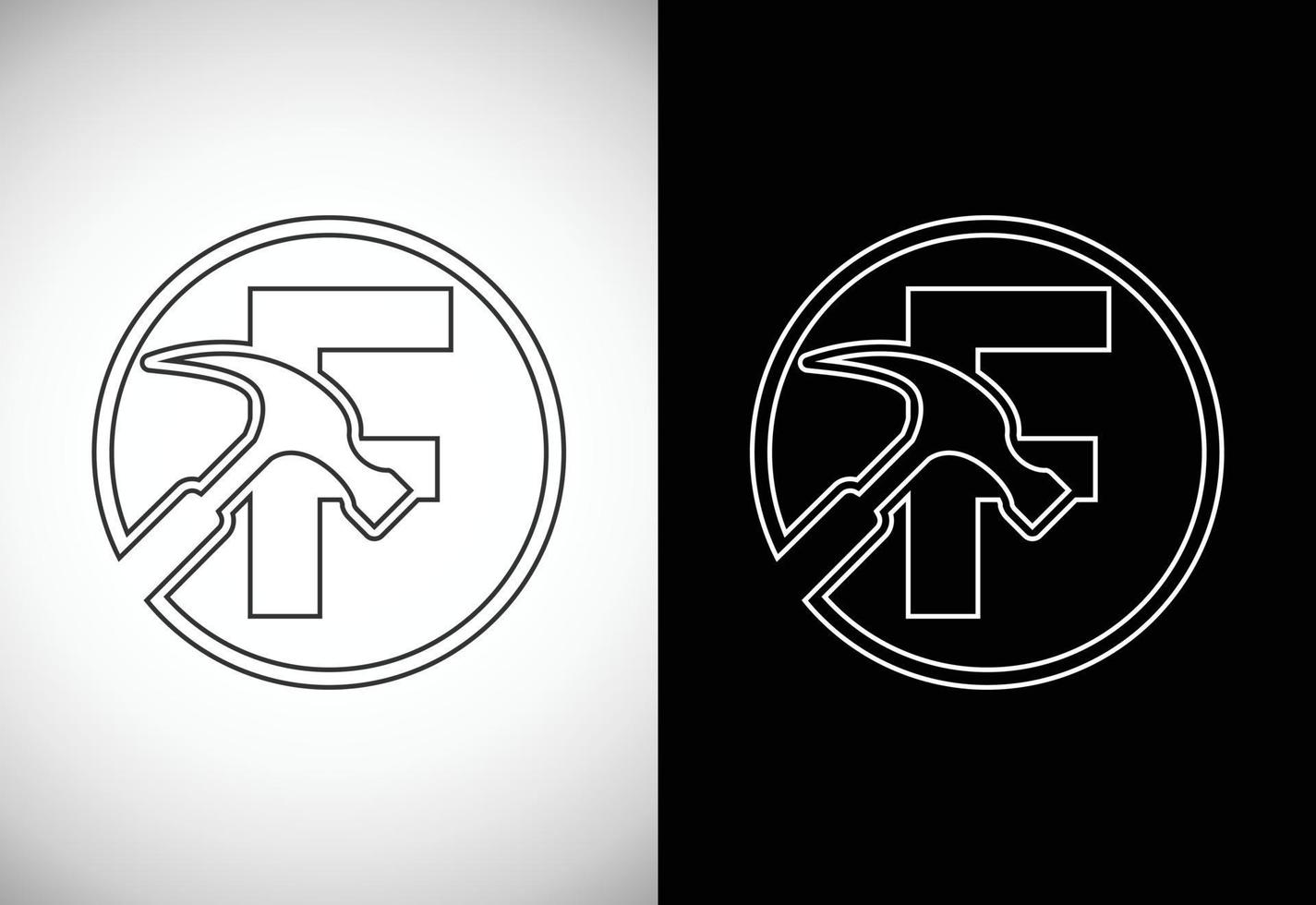 eerste f brief alfabet met een hamer. reparatie, vernieuwing, en bouw logo. lijn kunst stijl logo vector