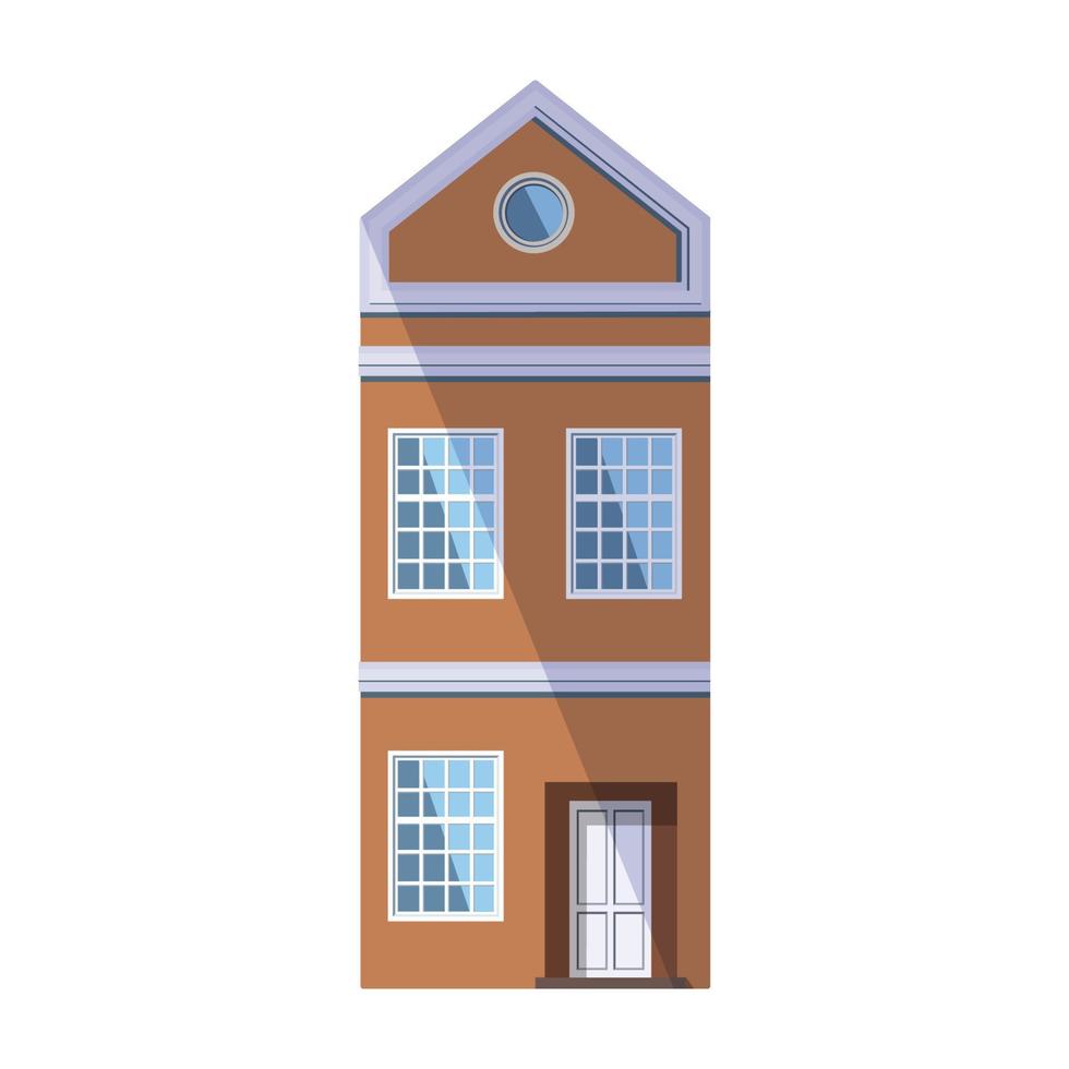 Europese oranje oud huis in de traditioneel Nederlands stad- stijl met een geveltop dak, ronde zolder venster en groot loft-stijl ramen. vector illustratie in de vlak stijl geïsoleerd Aan een wit achtergrond.