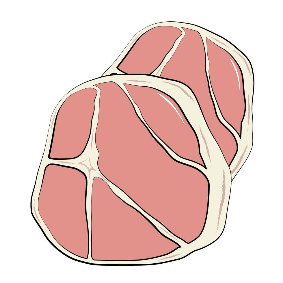 vlees steak van rundvlees of varkensvlees met strepen van vet smakelijk cholesterol voedsel. vector vlak illustratie in tekenfilm stijl