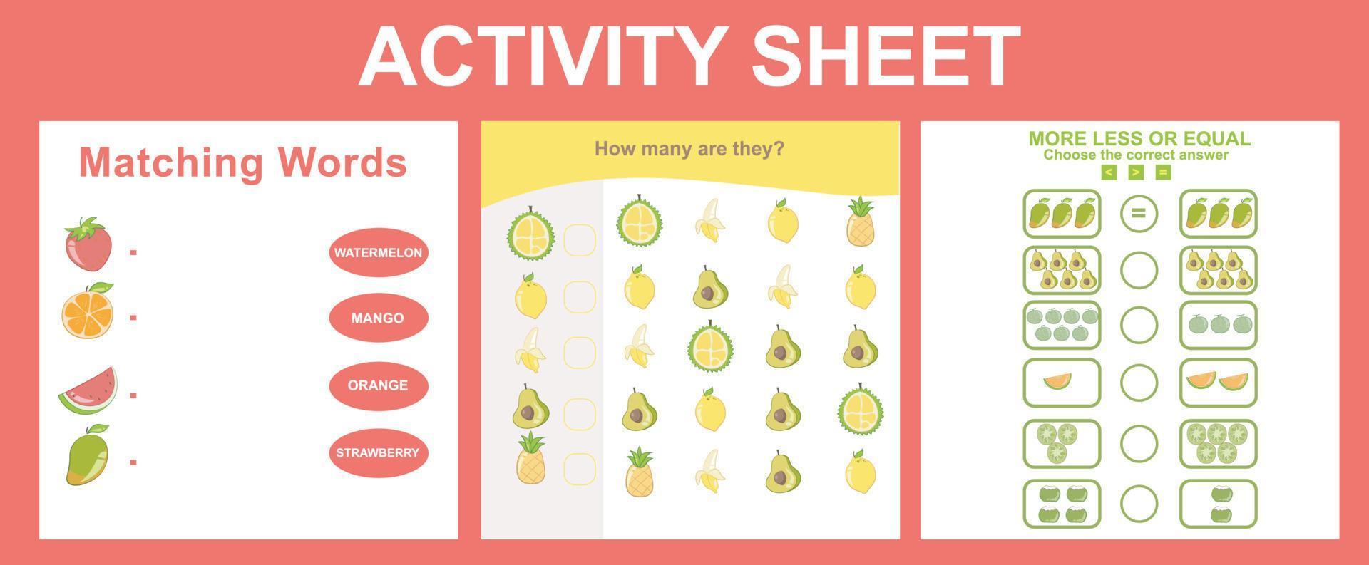 3 in 1 werkzaamheid voor kinderen. leerzaam afdrukbare werkblad. fruit werkblad thema. vector illustraties.