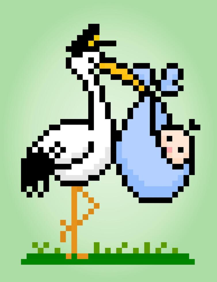 8-bits pixel van een ooievaar draagt baby met tassen, dierenpixel voor game-items en kruissteekpatronen in vectorillustraties. vector