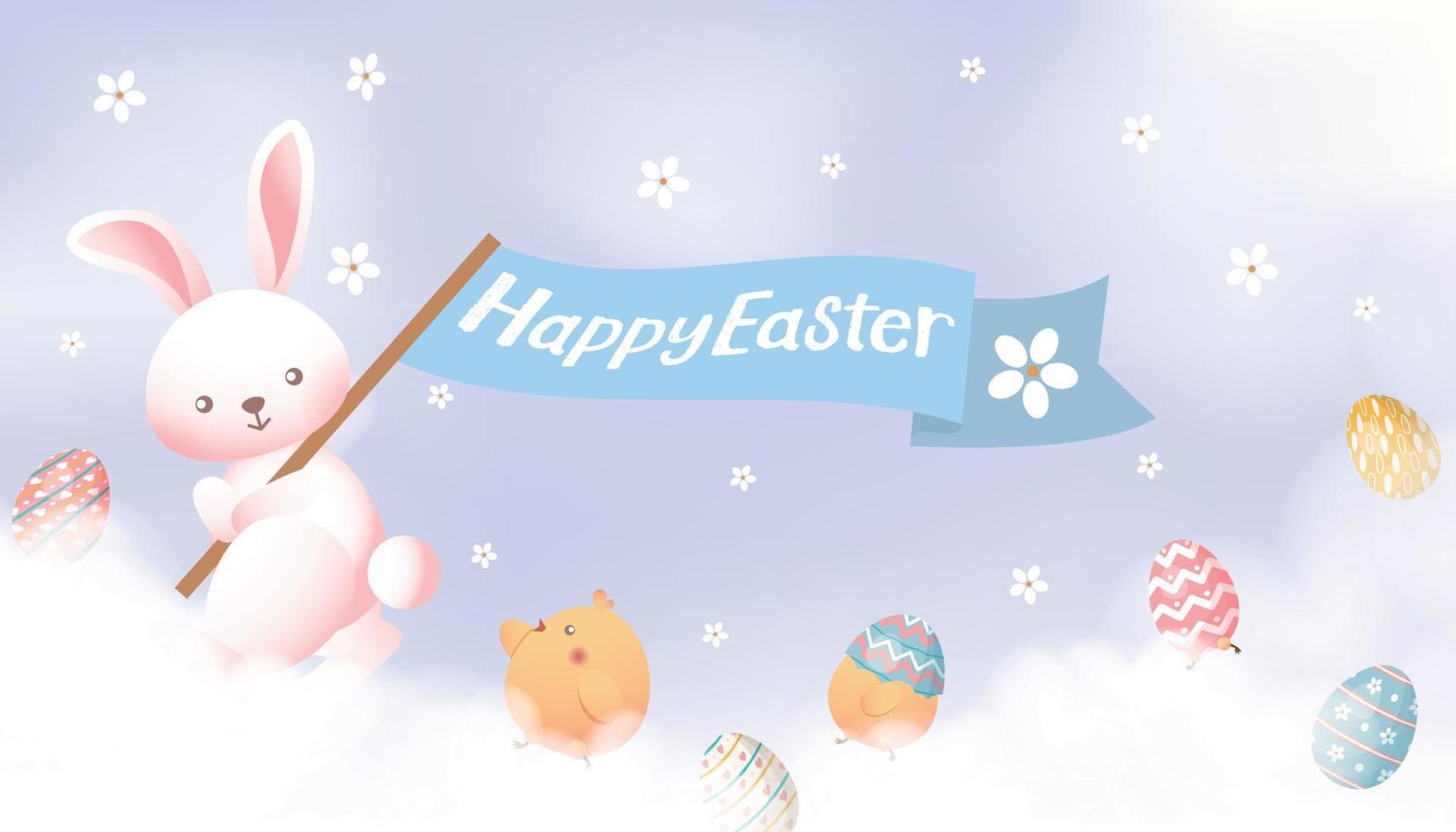 gelukkig Pasen kaart, banier, achtergrond met konijn, kuiken en eieren in de wolken, pastel kleuren vector