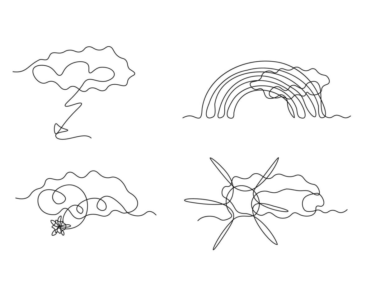 types van het weer, onweersbui, bliksem, regenboog, zonnig, bewolkt, sneeuwen, hand getekend, doorlopend monoline, tekening in een lijn vector