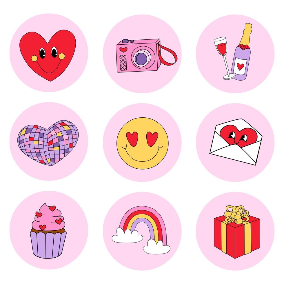 valentijnsdag dag groovy set. retro karakters. glimlachen hart, schattig mail, regenboog, koekje, geschenk, disco bal. tekenfilm romantisch verzameling met hippie illustratie over liefde vector