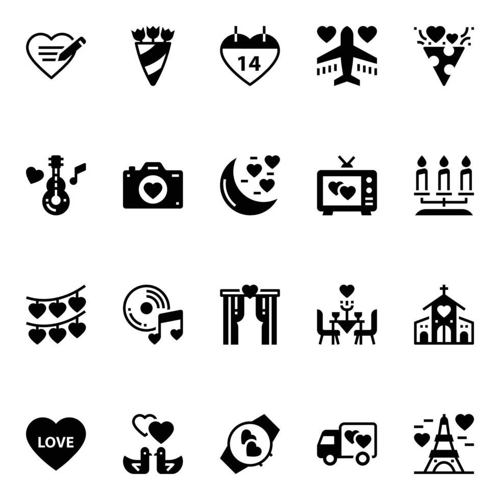 glyph pictogrammen voor valentijnsdag dag. vector
