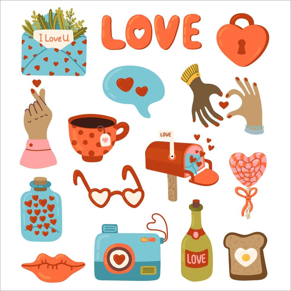 valentijnsdag dag stickers reeks voor planner, liefde brief of dagboek. geschenk, hart, ballon, kus, sleutel, snoep, en andere elementen verzameling. romantisch tekenfilm bruiloft logboek decoratie vector