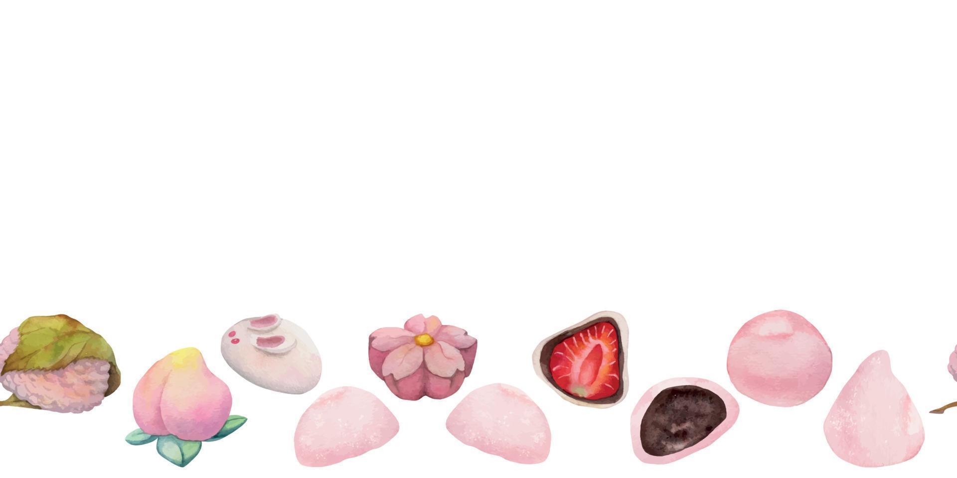 waterverf hand- getrokken traditioneel Japans snoepgoed. naadloos grens van voorjaar wagashi, sakura bloemen. geïsoleerd Aan wit achtergrond. voor uitnodigingen, restaurant menu, groet kaarten, afdrukken, textiel vector