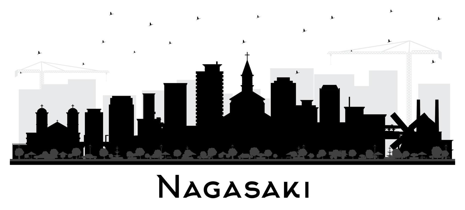 Nagasaki Japan stad horizon silhouet met zwart gebouwen geïsoleerd Aan wit. vector illustratie. Nagasaki stadsgezicht met oriëntatiepunten.