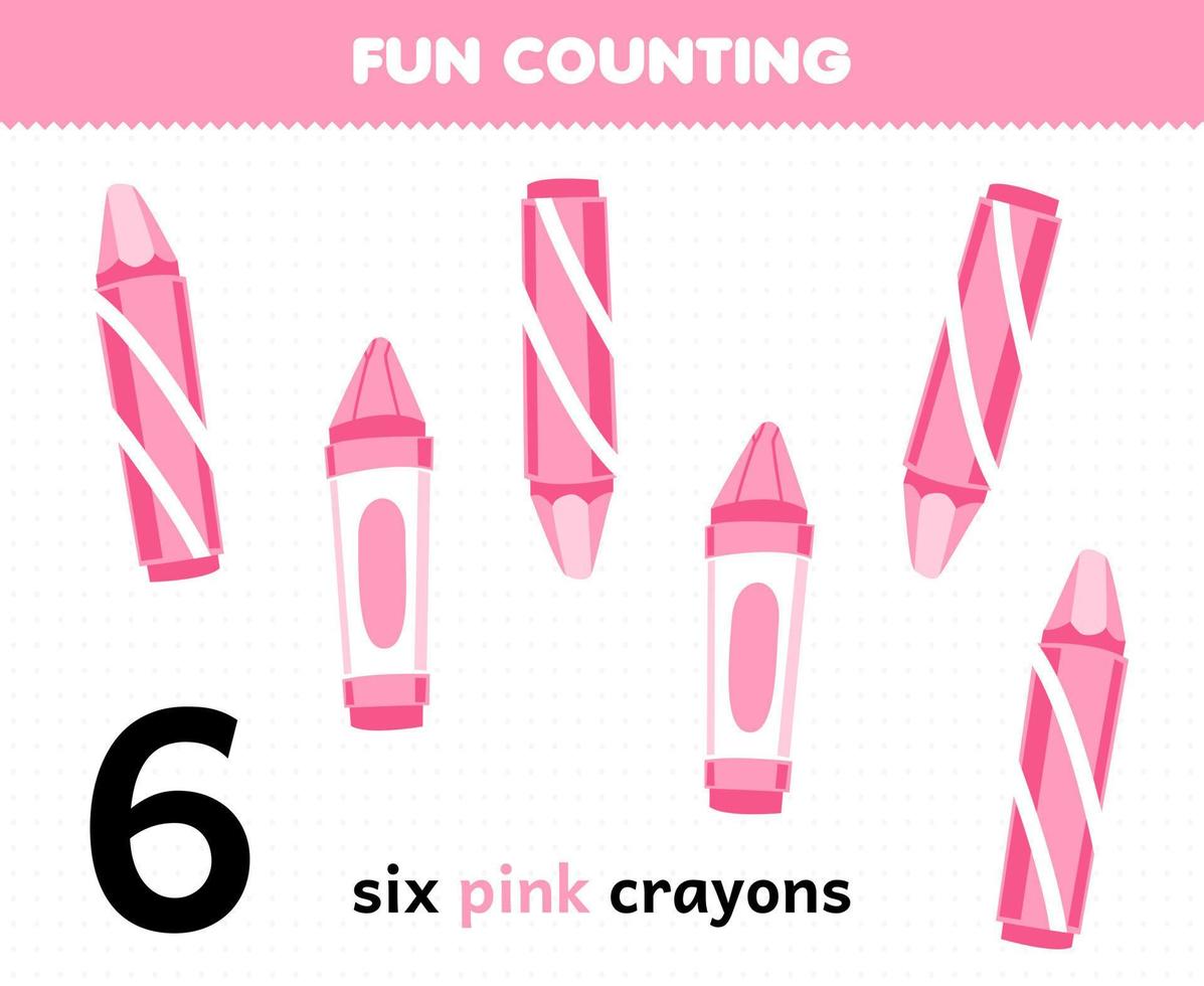 onderwijs spel voor kinderen pret tellen zes roze kleurpotloden afdrukbare gereedschap werkblad vector