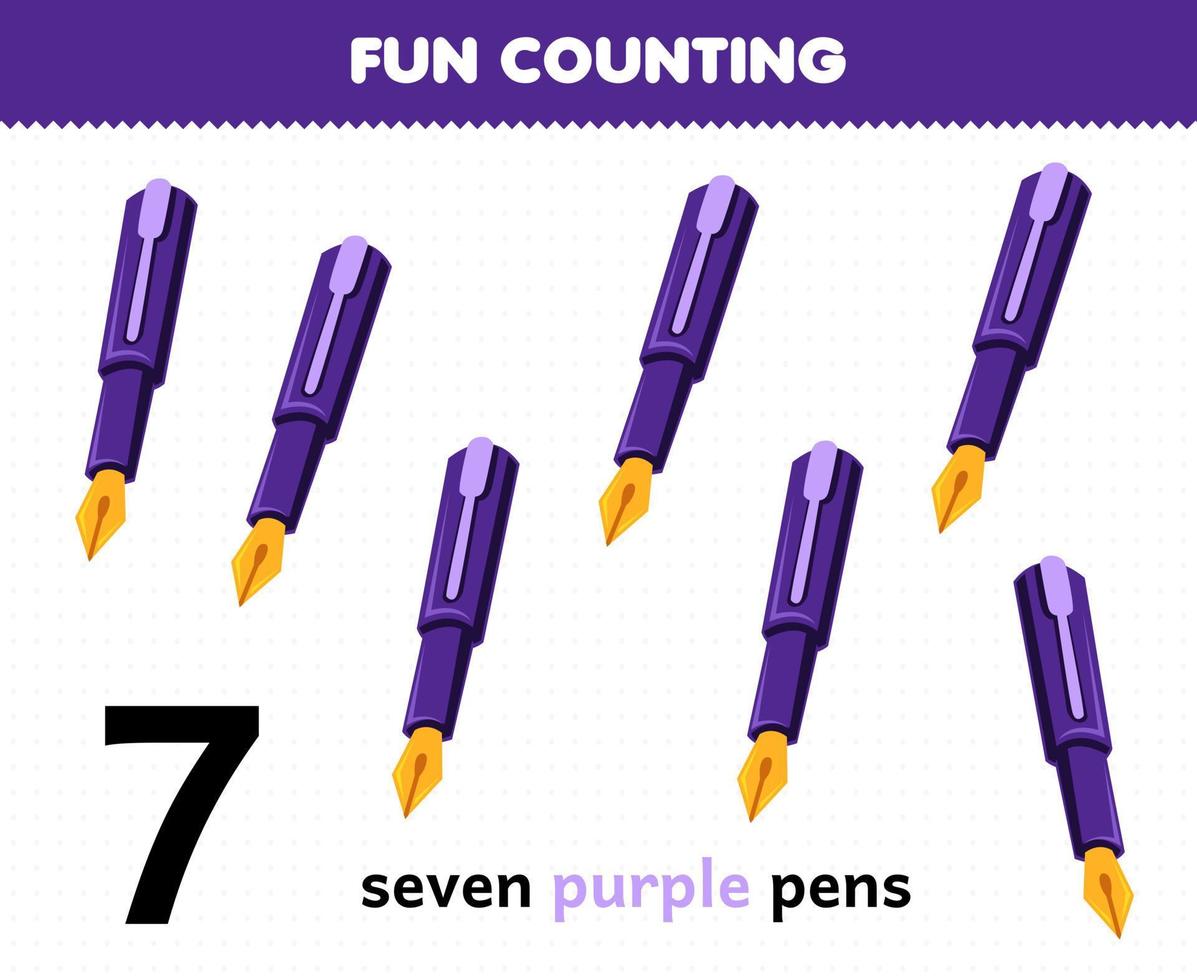onderwijs spel voor kinderen pret tellen zeven Purper pennen afdrukbare gereedschap werkblad vector