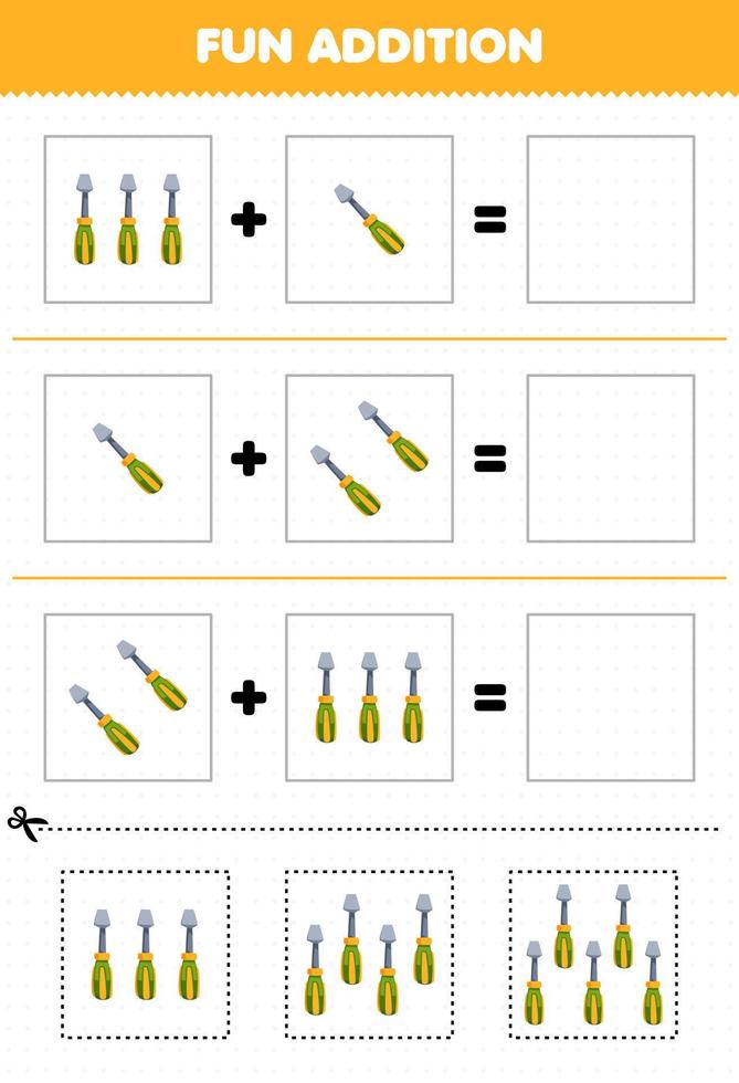 onderwijs spel voor kinderen pret toevoeging door besnoeiing en bij elkaar passen van schattig tekenfilm schroevedraaier afbeeldingen voor afdrukbare gereedschap werkblad vector