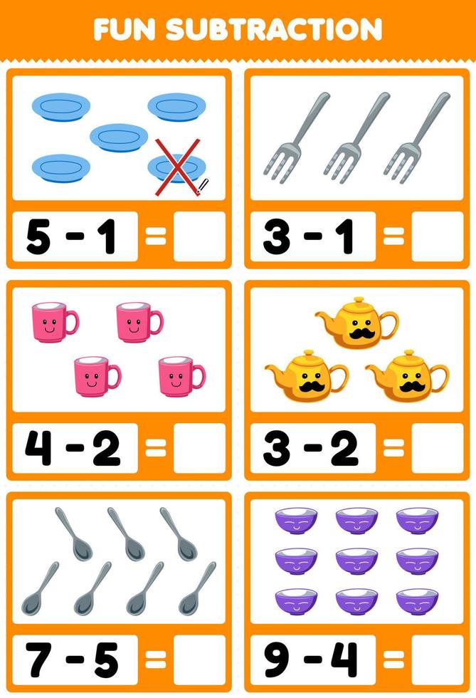 onderwijs spel voor kinderen pret aftrekken door tellen en elimineren schattig tekenfilm bord vork mok theepot lepel kom afdrukbare gereedschap werkblad vector